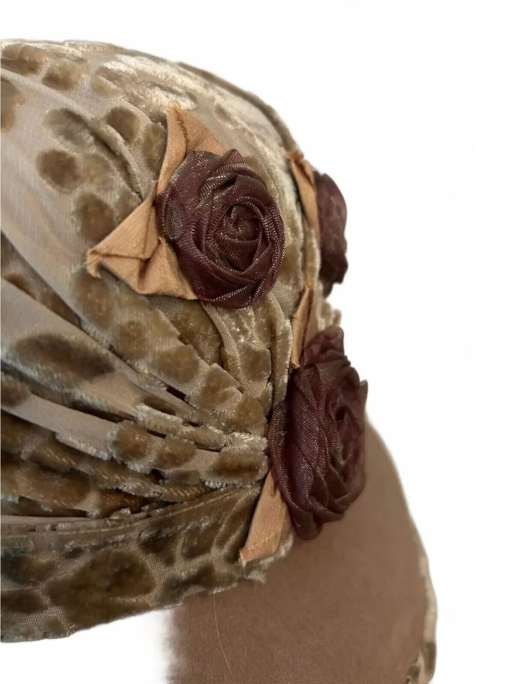 Vintage Julianne Walters LTD Floral Wide Brim Hat Beige Burnout Velvet Derby